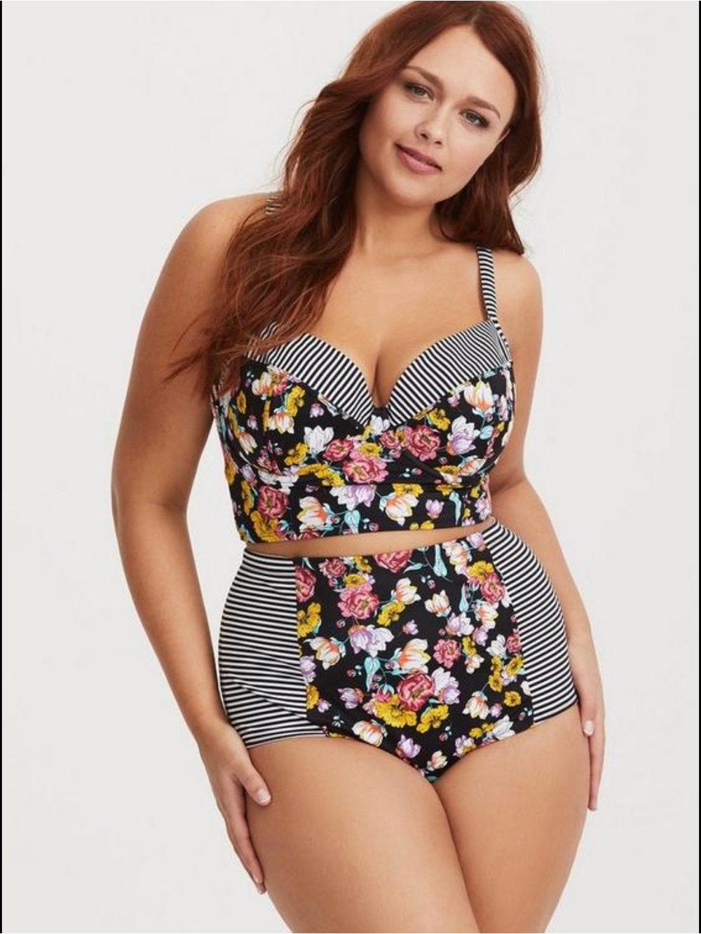 Size 2 (18/20) Torrid Black Floral & Stripe High Waisted Swim Bottoms